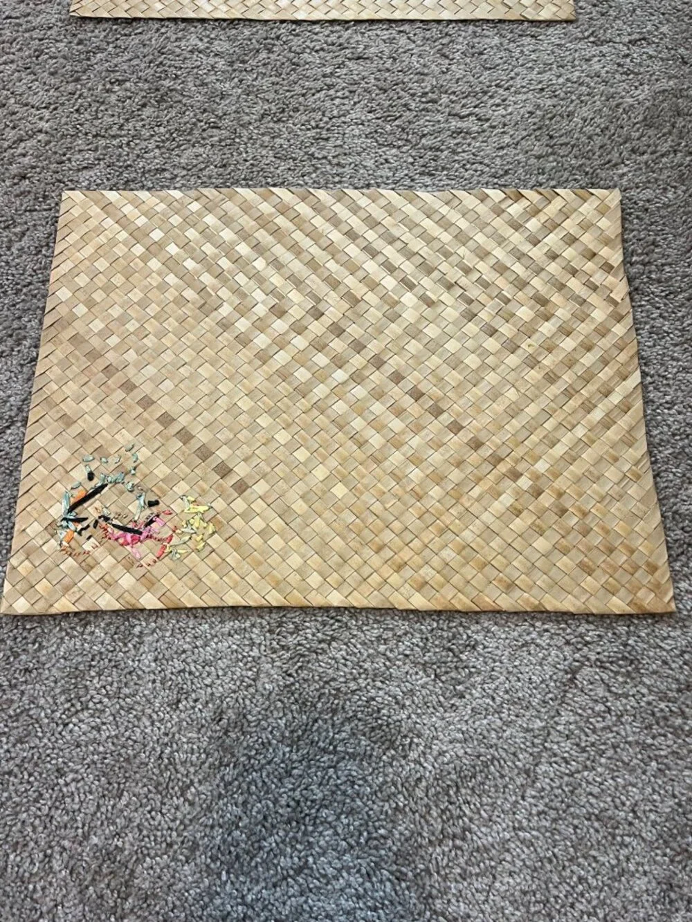 Set Of 4 Vintage Woven Straw Placemats With Embroidered Fruit Design